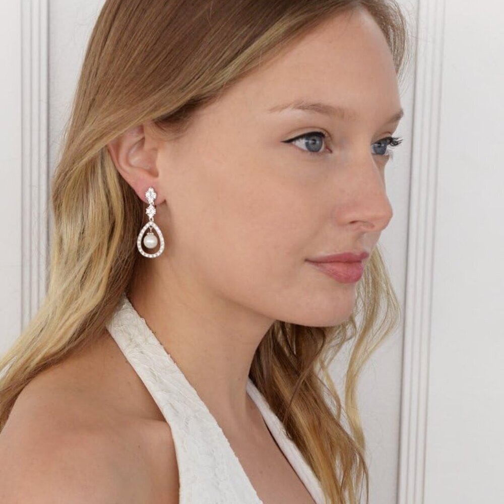 Bridal Pearl Earrings Silver Gold Dangle Vintage Wedding Jewelry for Brides - Picture 2 of 7
